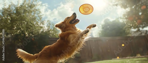 Dog jumping to catch frisbee in sunlight photo