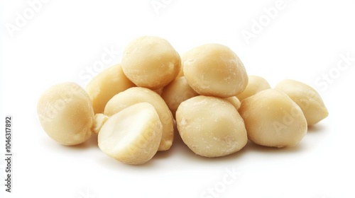 Macadamia Nuts. Whole Nuts in Shell on White Background. Healthy and Natural Food.