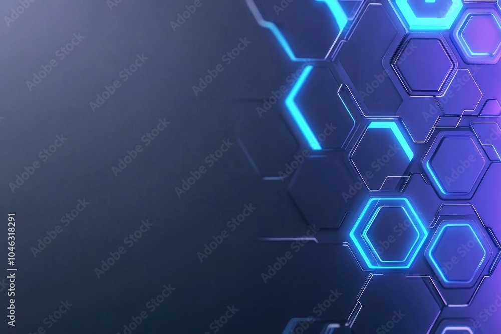 Fototapeta premium Abstract background with blue glowing hexagons on a dark gray wall, a technology concept wallpaper.