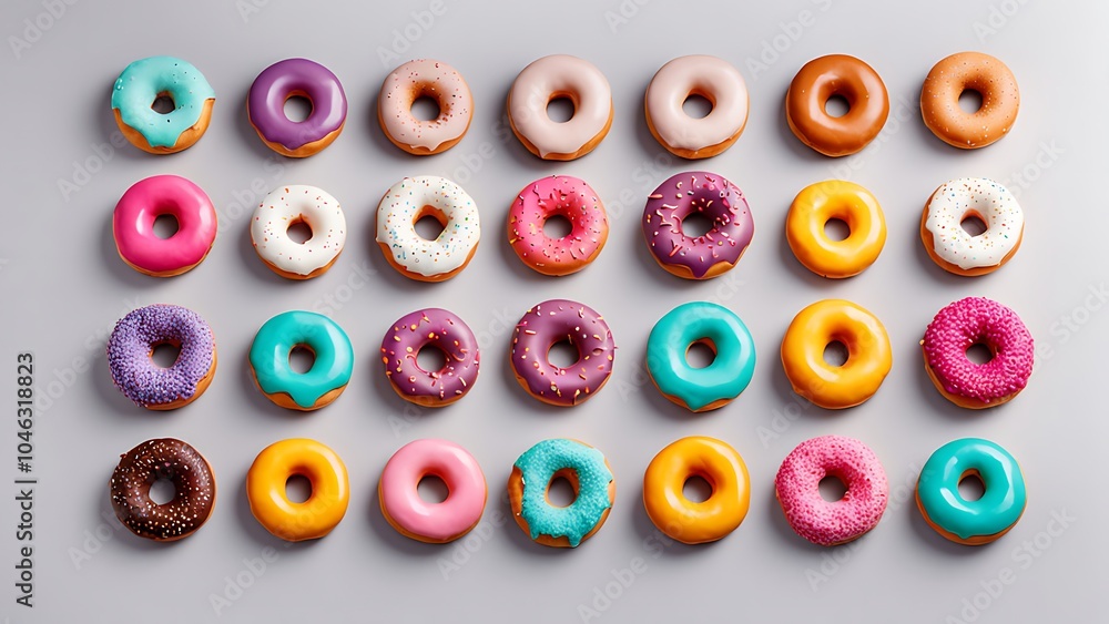 Fototapeta premium Minimalist Colorful Donuts Pattern on Light Grey background.