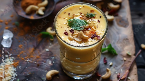 Coconut gold milk or kesar badam milk shake is created using milk herbs and cashews