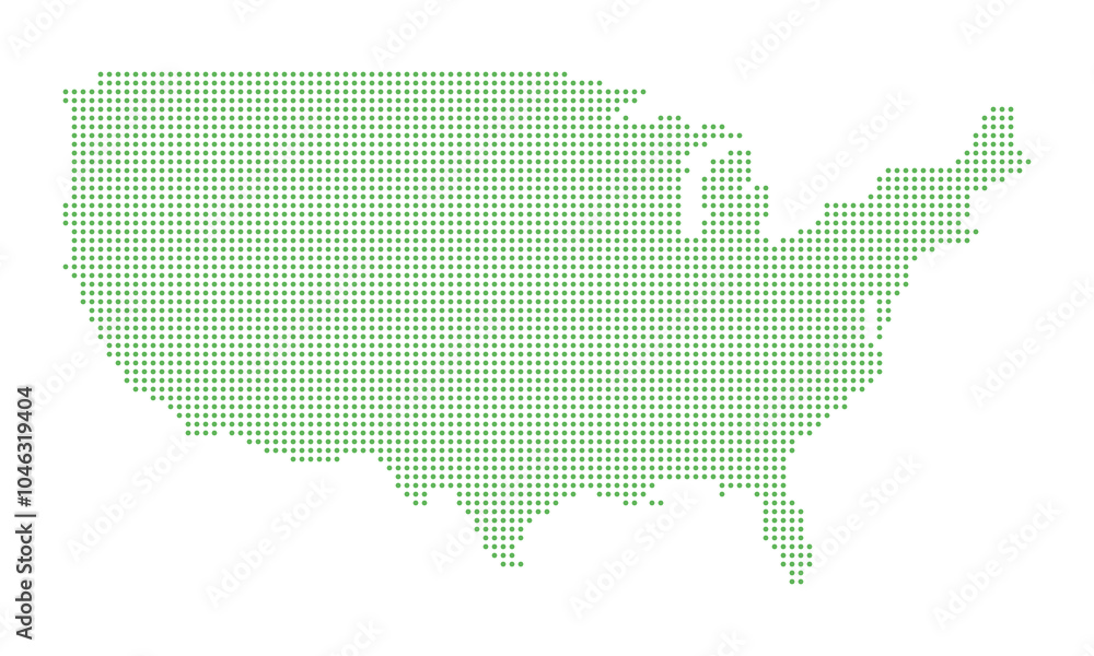 Fototapeta premium Green dotted map of the USA. Abstract design featuring small green dots forming the shape of the United States. Ideal for infographics, presentations, and geographic visuals.