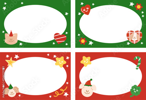 Christmas and New Year festive frames with puppy, cat, party hat, red heart, candy cane, star, clover leaf for winter decoration, cartoon, stickers, background, wallpaper, campaign banner, ad template