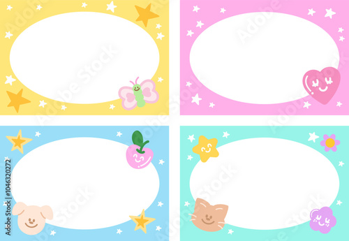 Pastel frames with puppy, butterfly, cat, cherry, flower, star, heart for background, wallpaper, backdrop, campaign banner, rectangle ad template, pet shop, social media post, post card, book cover