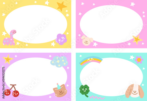 Pastel frames with puppy, dinosaur, cat, cherry, clover leaf, rainbow, flower, star for background, wallpaper, backdrop, campaign banner, rectangle ad template, pet shop, social media post, post card