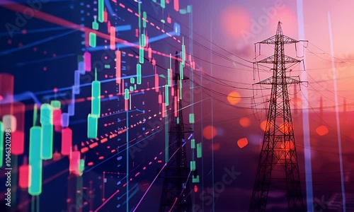 Wallpaper Mural Sleek stock market chart with energy and electric elements, blurred background of an electrical grid tower or substation at dusk, symbolizing the impact on a hero in digital marketing for sustainable  Torontodigital.ca