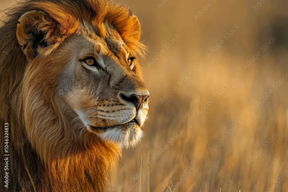A lion is staring at the camera with its mouth open. The lion is in a field of tall grass A lion is staring at the camera with its mouth open. The lion is in a field of tall grass