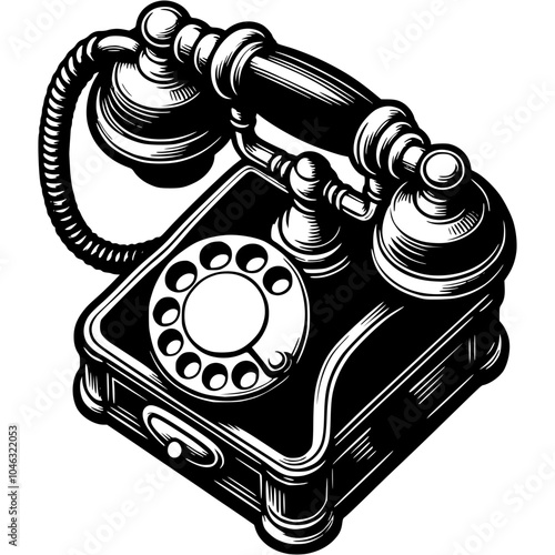 Vintage corded telephone with rotary dial in monochrome. Simple minimalistic vector in black ink drawing on transparent background