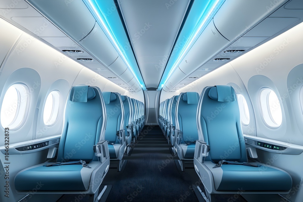 Fototapeta premium Rows of Empty Seats on Airplane with Modern New Interior