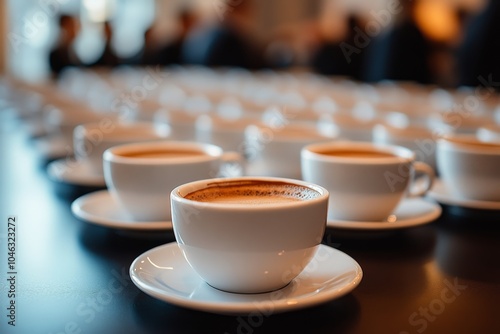 Row of coffee cups in meeting room setting.