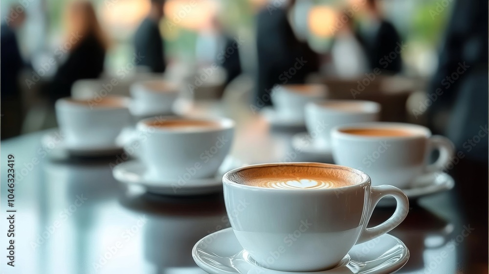 Row of coffee cups in meeting room setting. Row of coffee cups in meeting room setting.