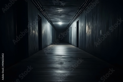 Dark Mysterious Corridor in an Old Building with Door Rooms