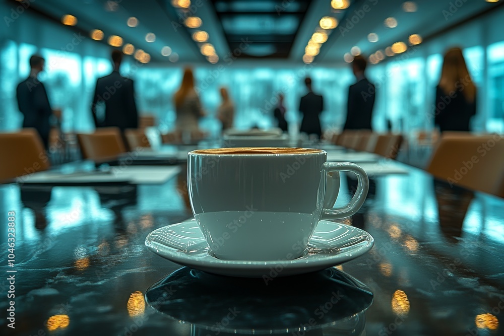 Steaming coffee cups in a business meeting room Steaming coffee cups in a business meeting room