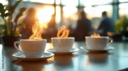 Steaming coffee cups in a business meeting room