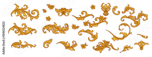 Set of golden decorative elements in Baroque style	