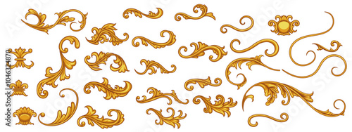 Set of golden decorative elements in Baroque style	