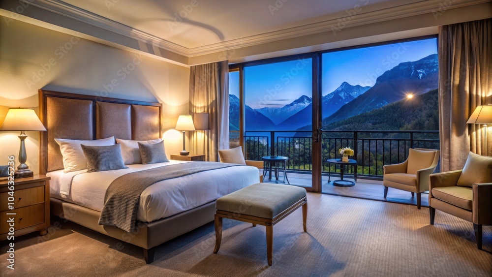 Elegant hotel room with mountain view at twilight, featuring plush bed, seating area Elegant hotel room with mountain view at twilight, featuring plush bed, seating area