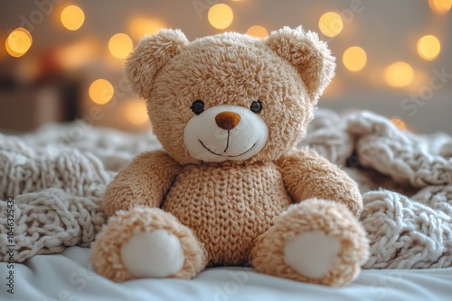 Cozy Photo of a Cute Teddy Bear Toy in Winter Attire on a White Table with Bokeh Lights in the Background