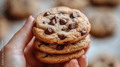 A hand holding three chocolate chip cookies, showcasing a delicious treat.