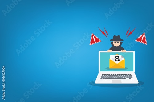 Hacker, Cyber criminal with laptop stealing user personal data. Hacker attack and web security. Internet phishing and spam concept. Hacker in black with laptop trying to cyber attack.	