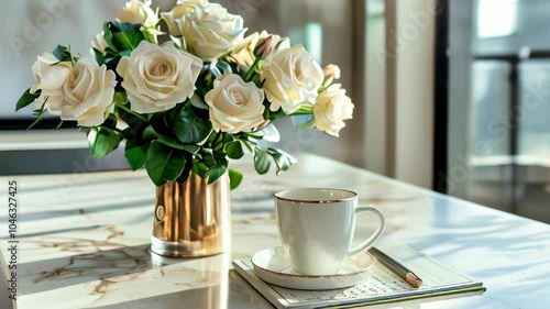 Morning relaxation with white roses and coffee in a stylish apartment overlooking the city skyline