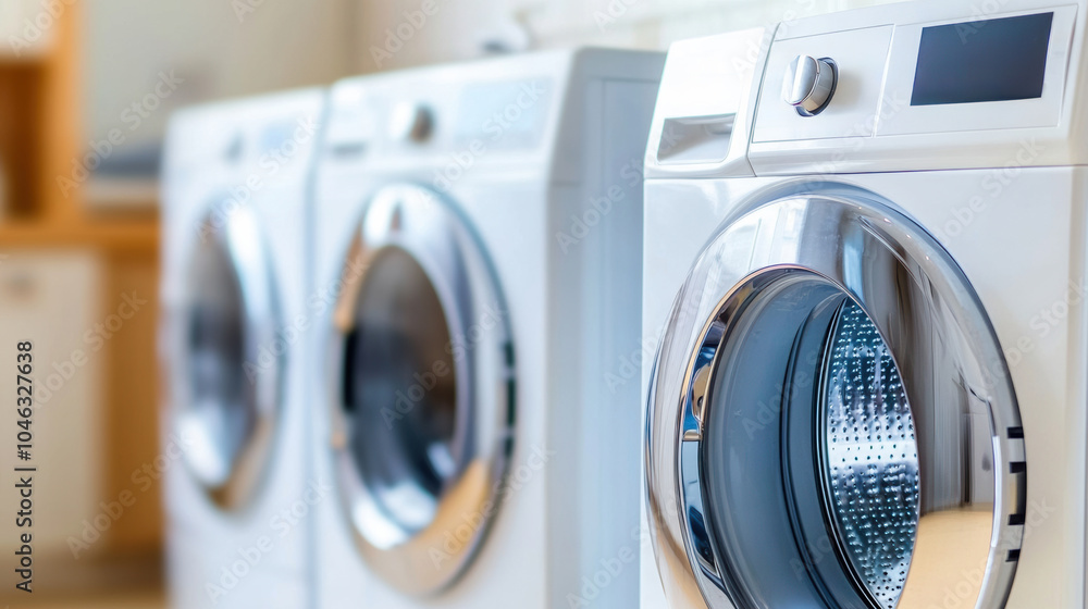 Modern washing machines lined up in a bright laundry room, AI Modern washing machines lined up in a bright laundry room, AI
