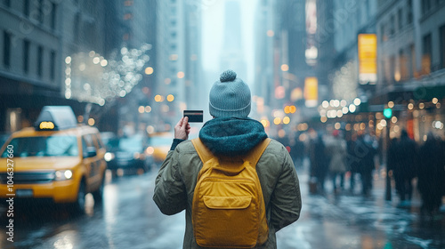 A person wearing a winter coat and beanie holds up a phone, capturing the bustling urban street scene amidst yellow taxis and festive lights.