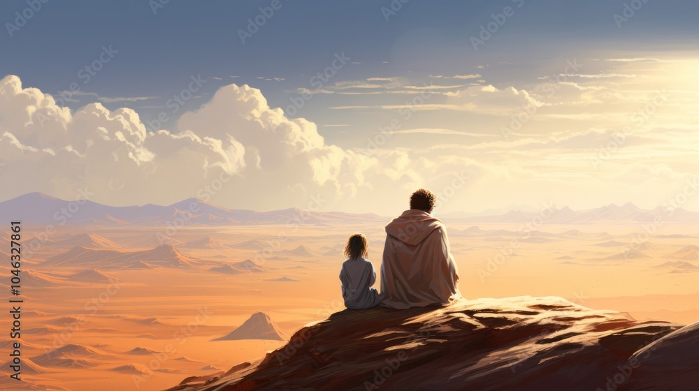 Father and daughter sitting on the sand dune Looking at the sunset