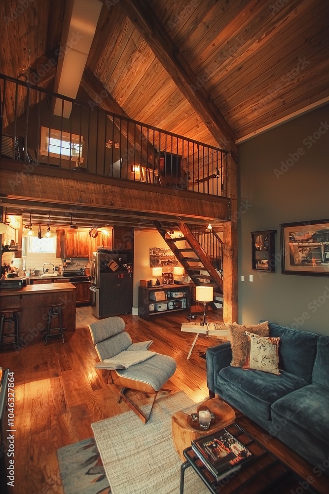Fototapeta premium A cozy industrial loft featuring high ceilings and wooden beams. Soft lighting creates a warm atmosphere for relaxing and working