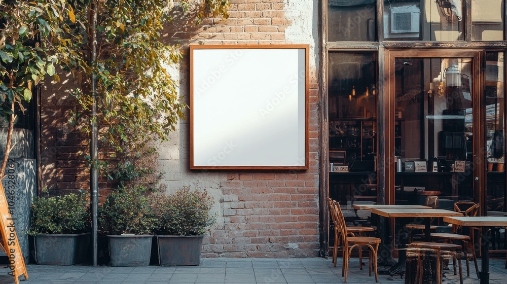 Charming outdoor cafe with blank canvas for creativity Charming outdoor cafe with blank canvas for creativity