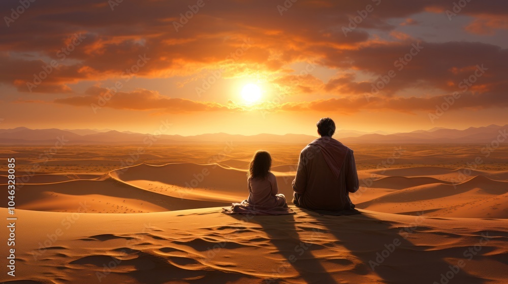 Father and daughter sitting on the sand dune Looking at the sunset Father and daughter sitting on the sand dune Looking at the sunset