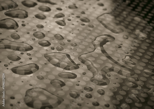 Rain water drops on a Glass floor. Detail of Water droplets caused by rain perched on surface of the Glass. Natural Pattern of dew drops or raindrops on galss background for wallpaper, Poster and Copy photo