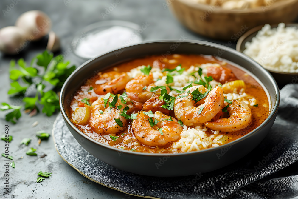 View of delicious shrimp gumbo cooked in a bowl View of delicious shrimp gumbo cooked in a bowl