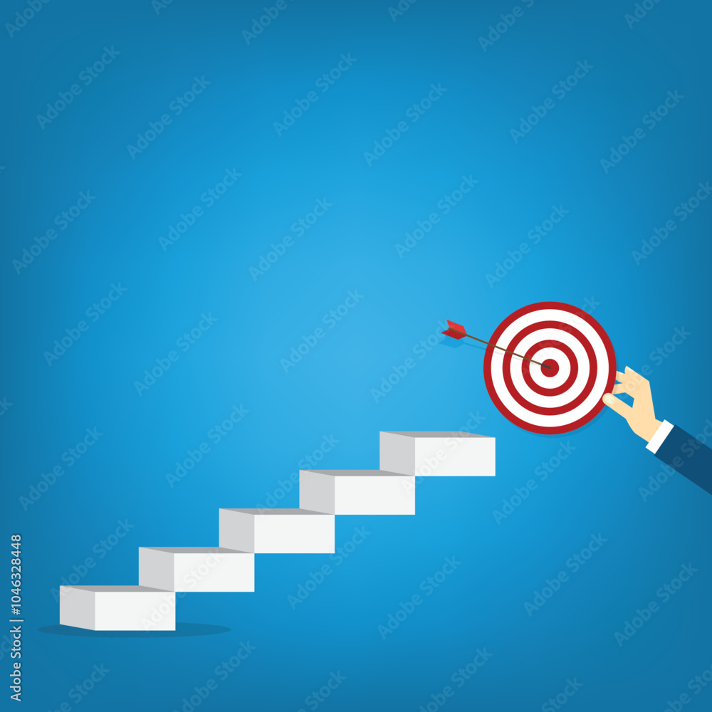 Goal, motivation to success. Business improvement concept. Climb up stairs to reach goal target on the top.	