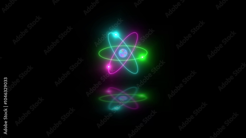 3d Atom neon glowing cyan green pink color in black background 3d Atom neon glowing cyan green pink color in black background