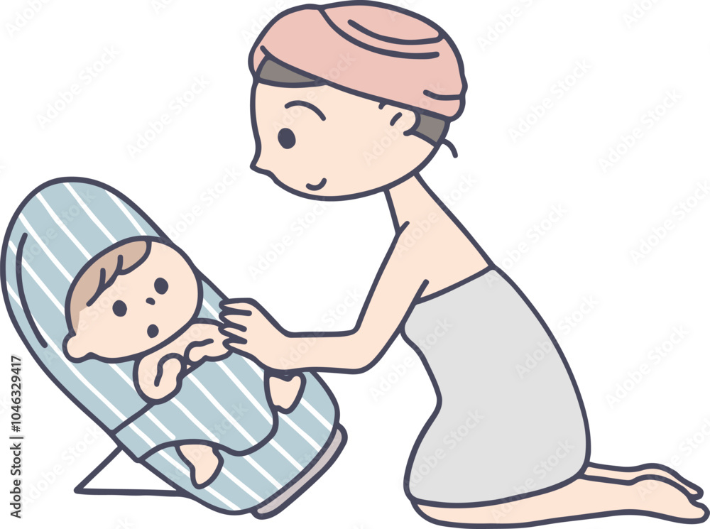 赤ちゃんをお風呂に入れる準備をするお母さん