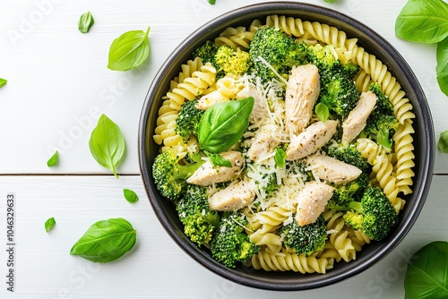 Delicious broccoli and chicken fusilli pasta with parmesan cheese and fresh basil in a bowl on a white wooden background. Healthy comfort food