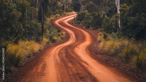 A dirt road with trees in the background. The road is curved and has a lot of dirt