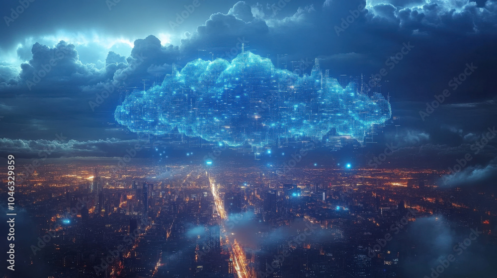 Fototapeta premium Cloud-based AI system, floating in the sky with data streams connecting to cities below