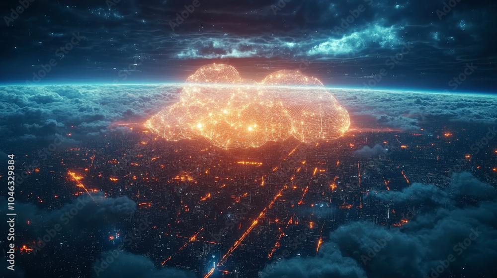 Cloud-based AI system, floating in the sky with data streams connecting to cities below Cloud-based AI system, floating in the sky with data streams connecting to cities below