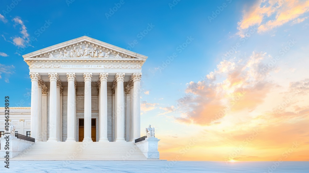 Stunning view of a majestic building against a vibrant sunset sky, showcasing architectural beauty.