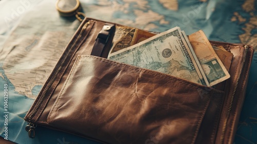 A travel pouch filled with currency, passport, and a map, symbolizing readiness for adventure