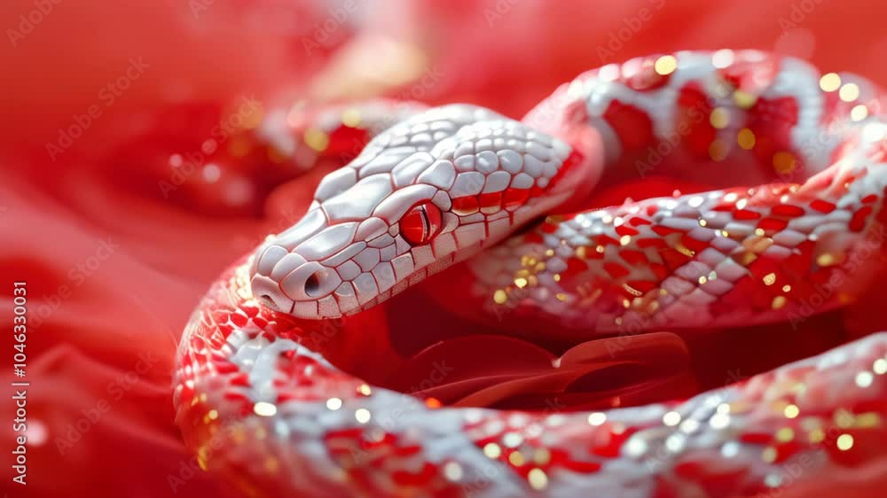 Captivating close-up of a striking red and white snake resting gracefully on vibrant fabric Captivating close-up of a striking red and white snake resting gracefully on vibrant fabric