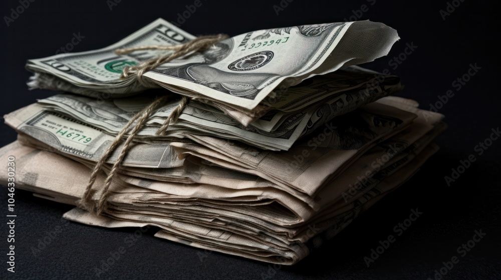 Detailed shot of dollar bills partially covered by burlap material, Detailed shot of dollar bills partially covered by burlap material,