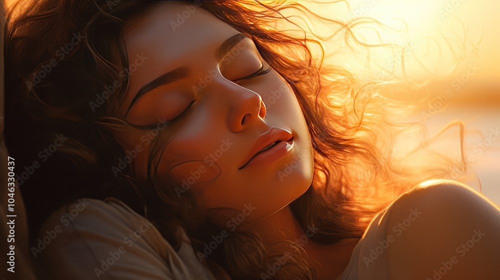 Close-up of a woman sleeping with her eyes closed. Gives a feeling of calm and beauty.