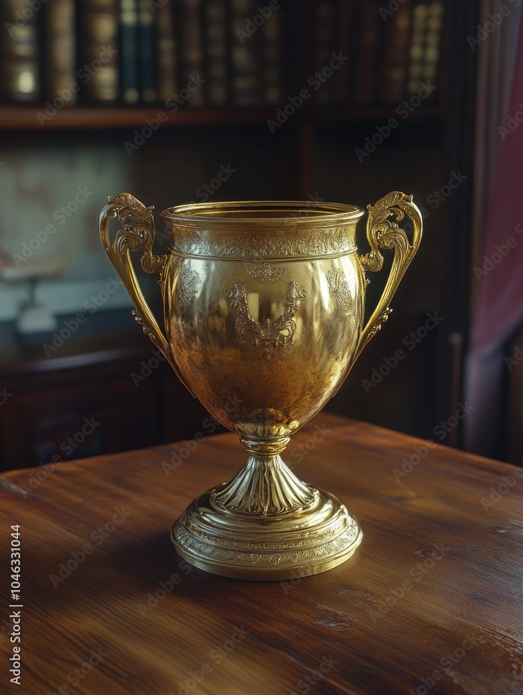 Gold Trophy on Wooden Table Gold Trophy on Wooden Table