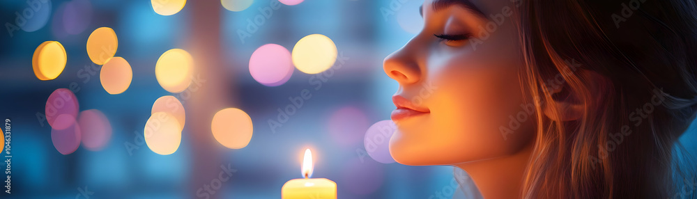 A Woman's Profile Silhouetted Against a Background of Warm and Cool Bokeh Lights, a Single Candle Flame Glowing Brightly in the Foreground. A Woman's Profile Silhouetted Against a Background of Warm and Cool Bokeh Lights, a Single Candle Flame Glowing Brightly in the Foreground.