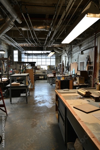 A creative workspace in an industrial loft filled with tools and materials. The area encourages hands-on projects and artistic expression