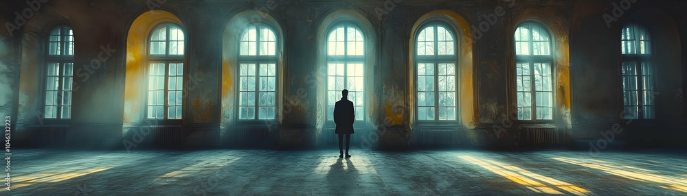 A solitary figure stands in a vast, empty hall bathed in sunlight streaming through arched windows, highlighting the faded grandeur of the abandoned building. A solitary figure stands in a vast, empty hall bathed in sunlight streaming through arched windows, highlighting the faded grandeur of the abandoned building.