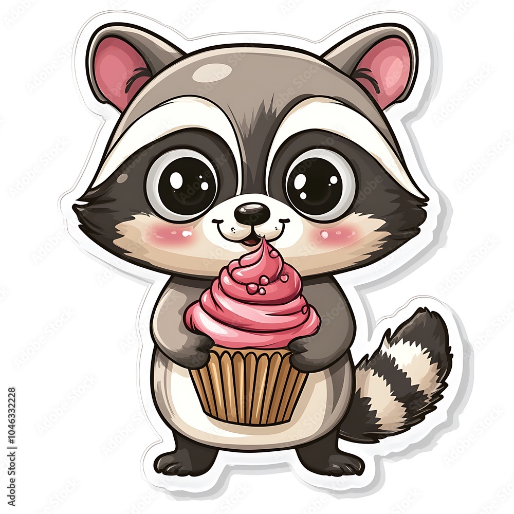 Fototapeta premium Cute Kawaii Raccoon with Cupcake Sticker Design